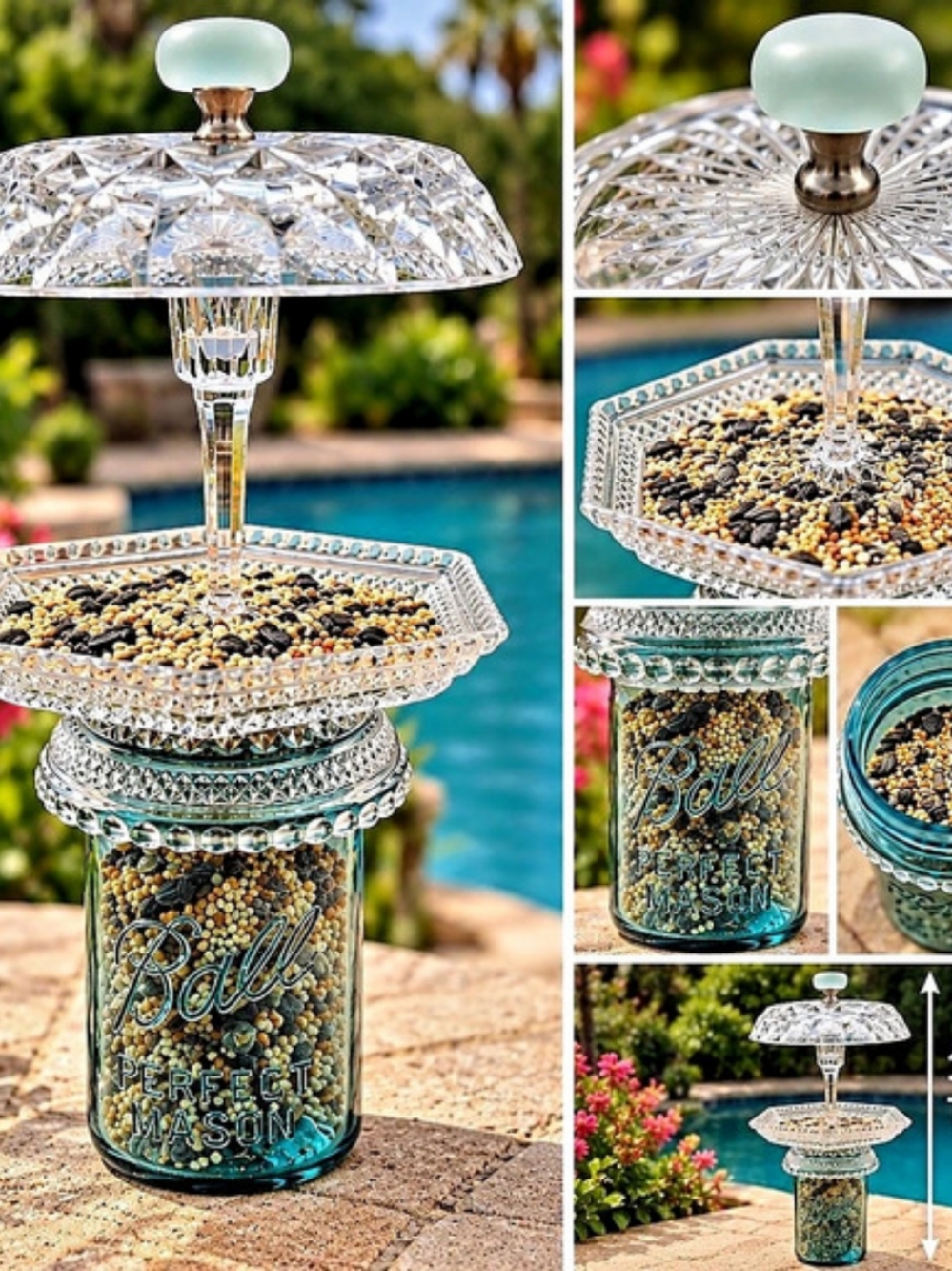 Handcrafted Vintage Glass Bird Feeder & Seed Reservoir One Of A Kind - Picture 1 of 6